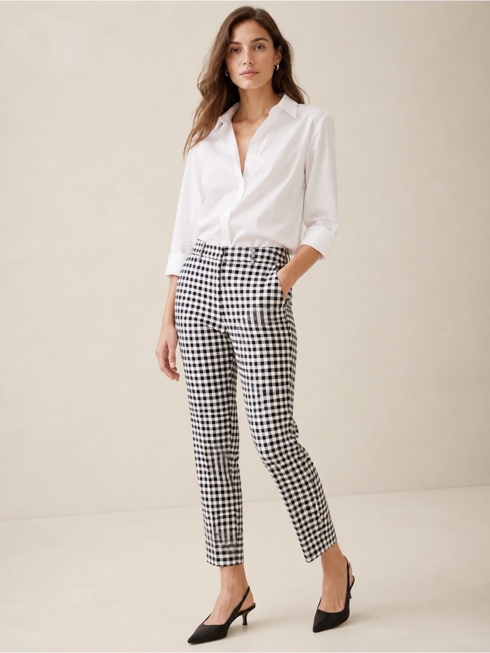 Banana Republic Women Black White Gingham Checked Straight Pants 4P Preppy
